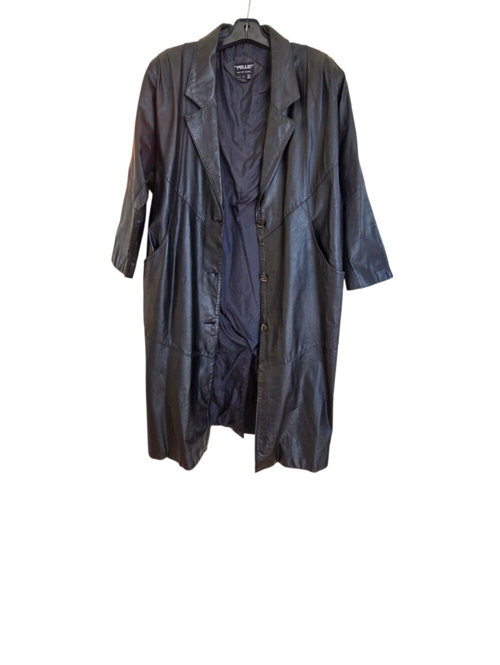Vintage Long Leather Black Trench Coat Duster Pelle New York-Milano L STUNNING - Picture 3 of 16